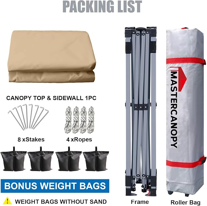 MASTERCANOPY 10x10 Pop Up Canopy Tent with 1 Sidewall, 1 Person Setup Instant Shelter, Outdoor Portable Beach Canopy, 1 Roller Bag, 4 Sandbags, 4 Ropes, 8 Stakes (10x10, Sand)