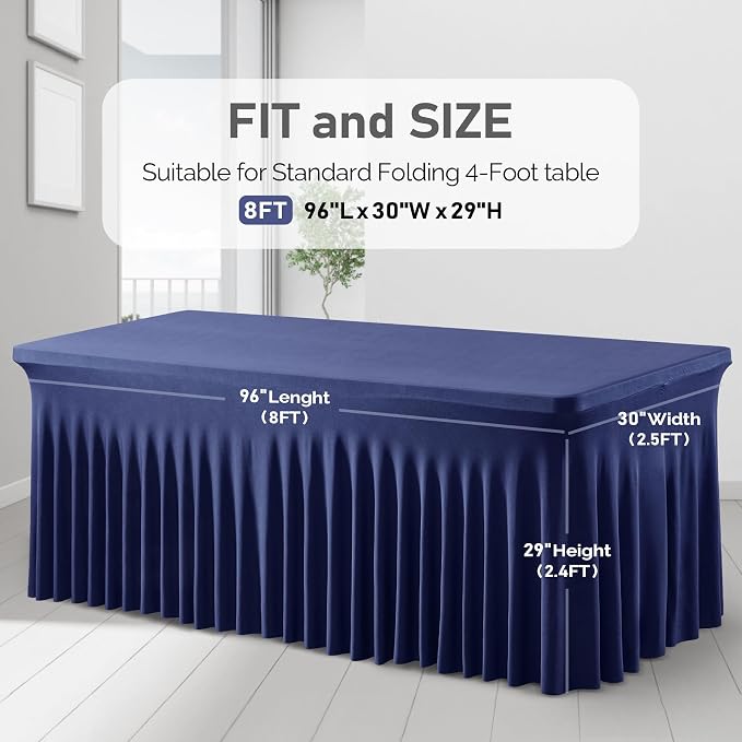 2 Packs Navy Blue Table Clothes for 8 Foot Rectangle Tables, One-Piece Wrinkle Resistant Stretch Spandex Table Covers with Table Skirt for Event Banquet Wedding Birthday Party