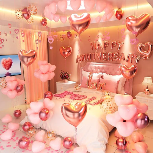 Anniversary Decorations, Happy Anniversary Balloons Banner, Pink Heart Balloons Heart Hanging String Pink Rose Petals for Wedding and Valentines Day Romantic
