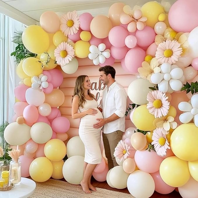 Pastel Pink Yellow Balloon Arch, Double Stuffed Light Yellow Pink Ivory Balloon Garland Kit Latex Peach White Beige Balloons for Birthday Baby Shower Easter Wedding Bridal Shower Bee Bear Party Decor