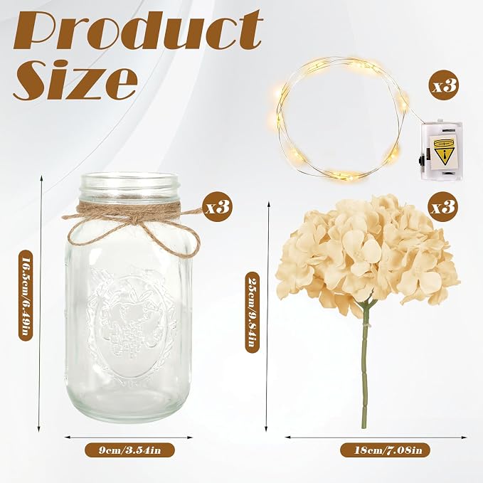 Set of 3 Mason Jar with Lights White Hydrangea Decorative Jars Flower Vase Farmhouse Table Centerpiece for Home Wedding Event Party Decor