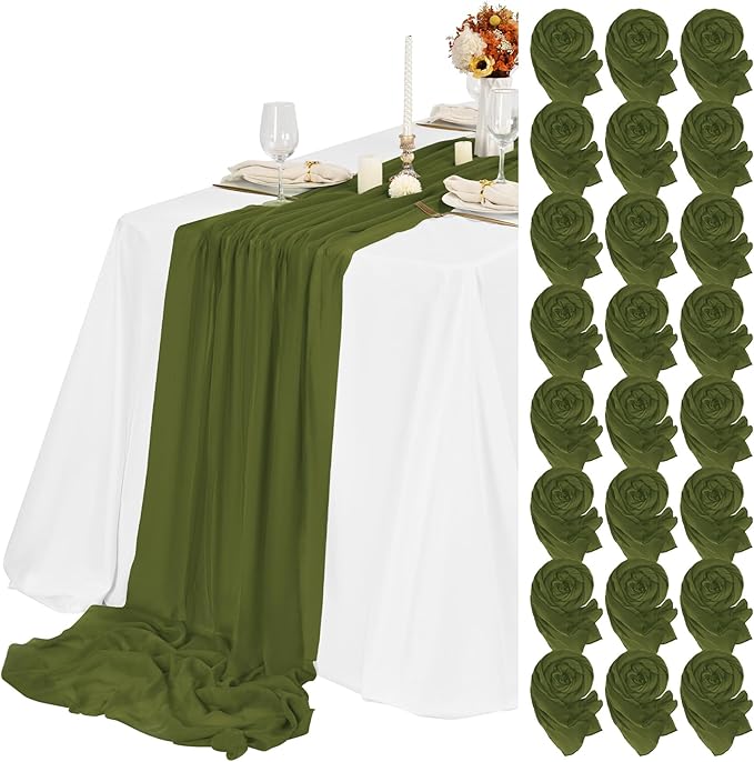 Teruntrue 24 Packs Olive Green Cheesecloth Table Runner,10ft Rustic Gauze Boho Wedding Table Runner Decoration, Wedding Table Decor Sheer Table Runner for Wedding Party Bridal Shower Table