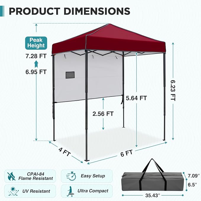 EAGLE PEAK 6x4 Instant Pop Up Canopy Tent with 1 Half Wall Panel, Straight Leg Sun Shelter, Portable Canopy with Carry Bag for Camping, Beach & Sports, Burgundy