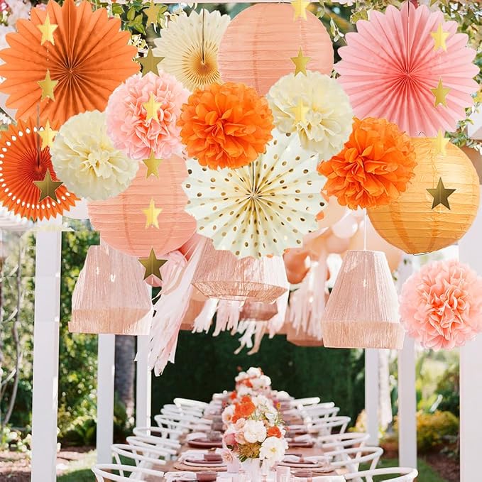 Beige Orange Peach Fall Party Decorations Boho Orange Peach Birthday Decorations Paper Fans Lanterns Peach and Cream Party Decorations for Autumn Baby Shower Bridal Shower Wedding Engagement Party