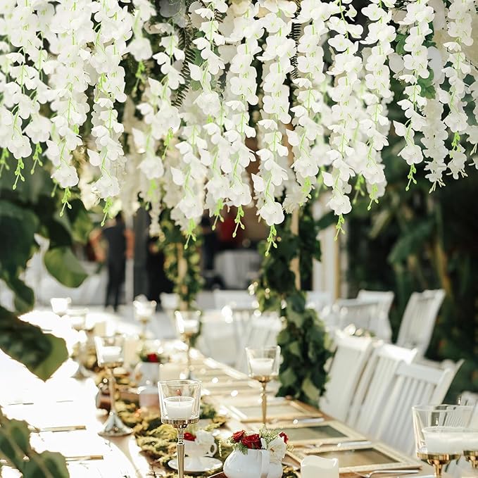 300 Branches Wisteria Hanging Flowers,20Pcs Total 120ft White Wisteria Artificial Flowers Garland Vine Silk Hanging Flowers for Wedding Party Arch Ceremony Garden Home Backdrop Decor