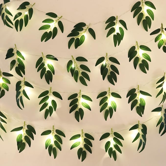 RECUTMS Willow Leaves String Lights 2Packs Artificial Leaf Rattan Light Hanging Vine 20LEDs Battery Operated Ivy Greenery for Home Wedding Party Wall Indoor Outdoor Decor