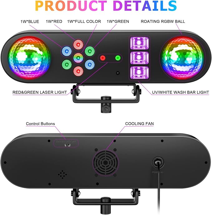 DJ Lights with Stand,5 in 1 Dj Lights for Parties Disco Ball Stage Party Light Set with Sound Activated Control, UV,Strobe, Dyeing, Led Par Light and Pattern Lighting for Bar Wedding Christmas-2PC