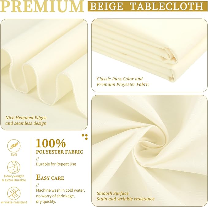 Showgeous 4 Pack Beige Tablecloth 60 x 102 Inch, Rectangle Table Cloth for 6 Foot Table, Wrinkle Resistant Washable Polyester Table Cover for Wedding Dining Table Buffet Parties and Camping