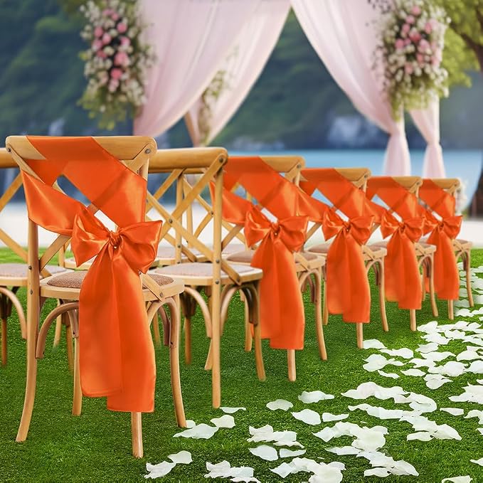 50 Pcs Orange Satin Chair Sashes Bows Universal Chair Cover for Wedding Reception Events Banquets Party, Hotel Event Decorations, 6 x 108 inch