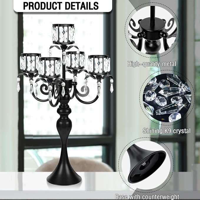 2Pcs Black 5-Arm Crystal Pendant Metal Candle Holder with Square Crystal Bowl, 22-Inch Tall Wedding Table Centerpiece for Holiday Party Events, Christmas, Birthday Decorations