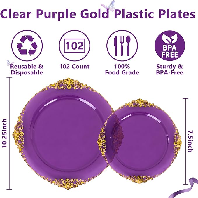102PCS Purple and Gold Plastic Plates - High End Purple Disposable Plate - Vintage Dinner & Dessert Plates for 51 Guests Birthday Party Wedding