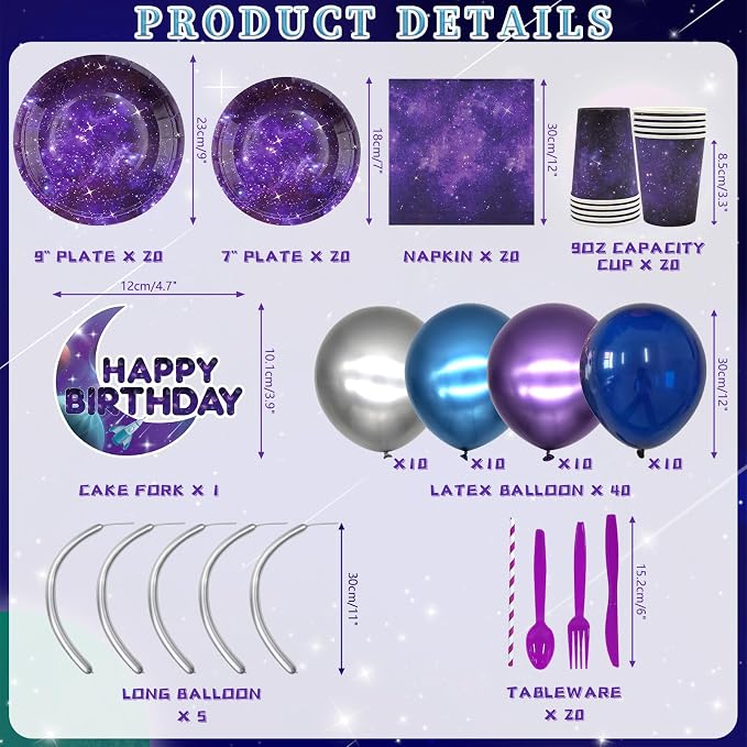 Galaxy Theme Party Decorations, Space Galaxy Happy Birthday Banner, Balloons, Tablecloth, Cupcake Toppers, Foil Curtains, Plates, Cups, Napkins, Galaxy Outer Space Birthday Party Supplies, Serves 20