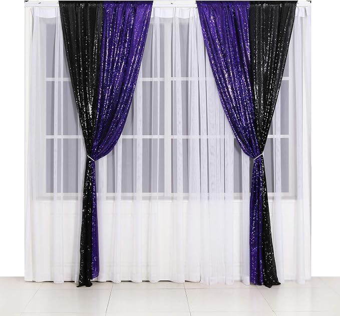 Poise3EHome 2ft x 8ft Purple Sequin Photography Backdrop Curtain 2 Panels for Halloween Party Decoration