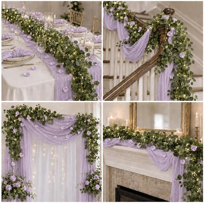 Cinrobiye 11PCS Boho Cheesecloth Table Runner Set with Rose Petals, 120 Inch Gauze Table Runner, Wrinkled Napkins, Eucalyptus Garland and String Lights for Wedding Baby Shower Tea Party Decorations