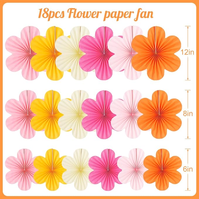 DODOKIM Paper Fans Party Decorations Paper Flowers Decorations for Wall Floral Backdrop Classroom Baby Shower Birthday Party Flower Wall Decor Pack of 18 Pink Orange Yellow