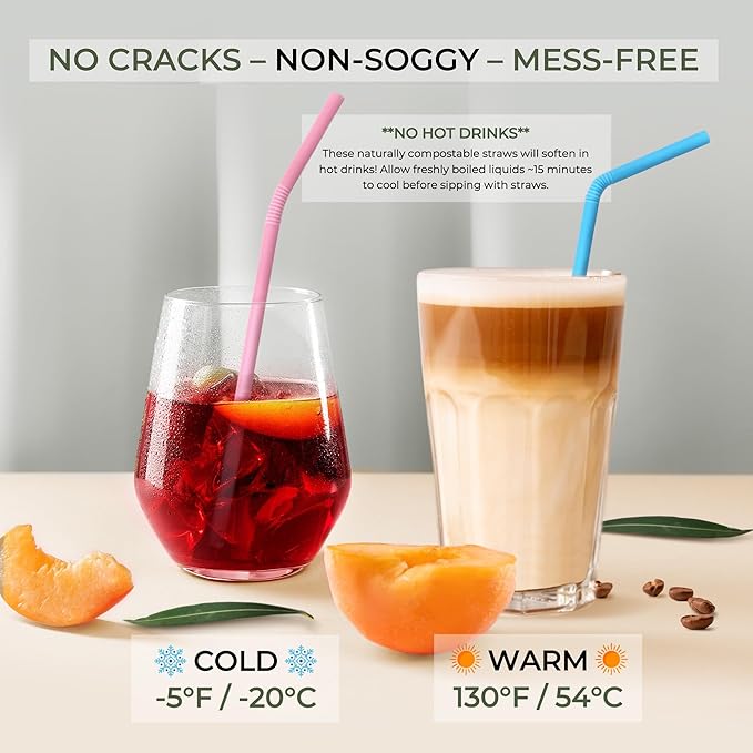 EcoPreps Colorful Biodegradable Flexible Drinking Straws | Bendable 300 Count, 100% Compostable, Plastic-Free, Eco-Friendly Straws for Cold Drinks | 7.8'' Multi-Color Bamboo Fiber Disposable Straw Set