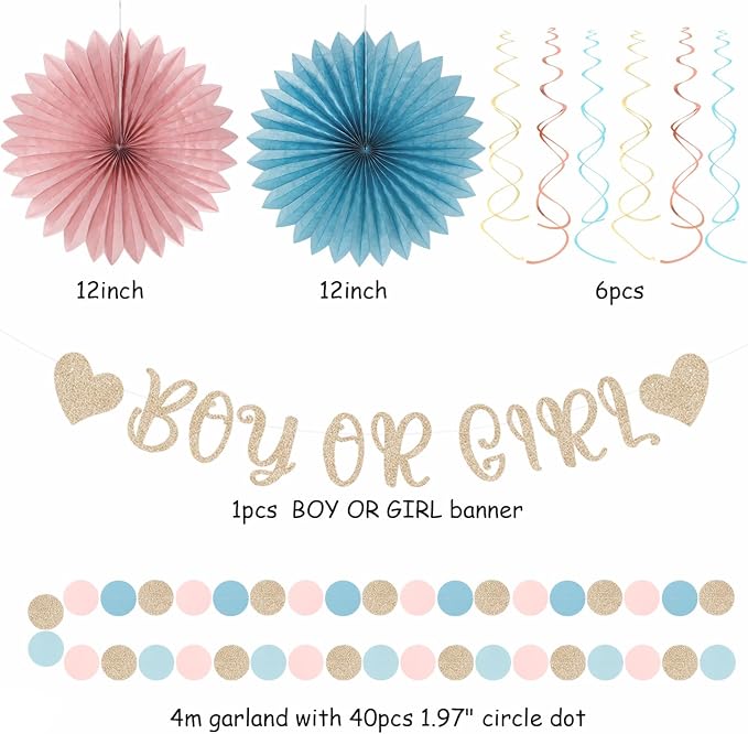 Boy Or Girl Gender-Reveal Party-Decorations - 22pcs Champagne Dusty Blue Blush Pink Backdrop Banner,Neutral Paper Lanterns Streamers,Tissue Pom Poms Flowers Fans Decor Ideas Supplies Hugmoon