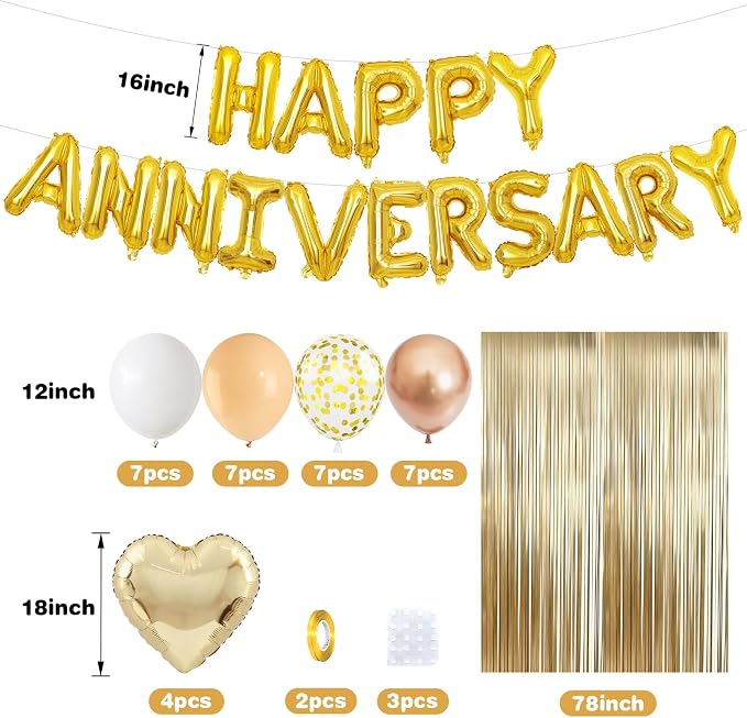 Anniversary Decorations Gold Sand White,Happy Anniversary Balloon Banner with Heart Foil Balloons Fringe Curtain for Wedding Party Valentine's Day Romantic Night