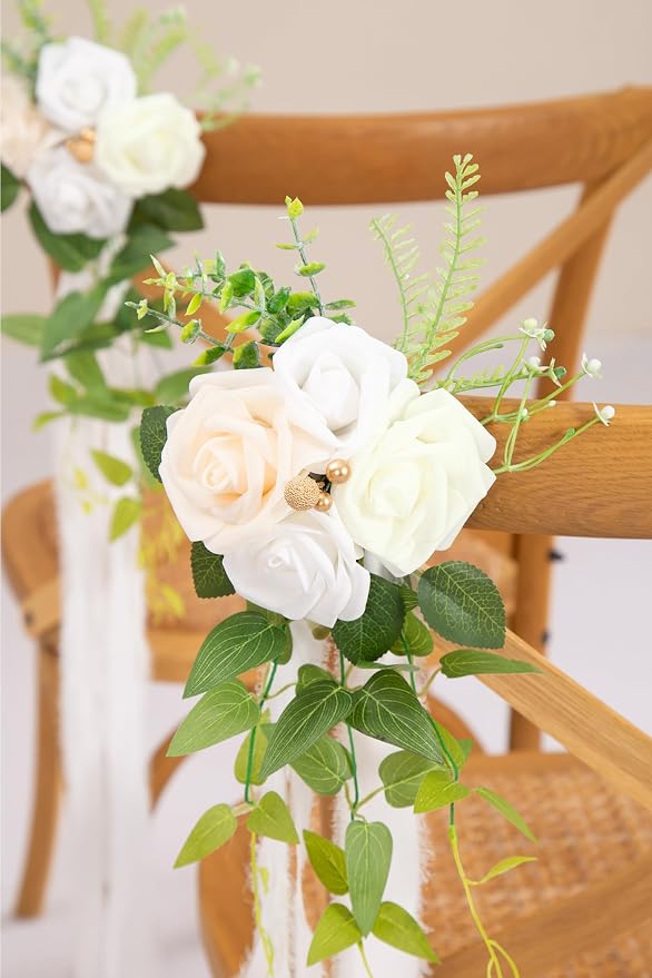 DORIS HOME Wedding Chair Decorations White Pew Flowers Set of 10 for Wedding Ceremony Party Aisle Decor with Artificial Flowers Eucalyptus and Ribbons