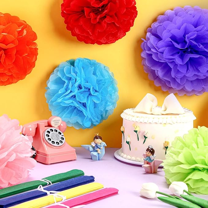 Yeaqee 30 Pcs Multicolor Large Tissue Paper Pom Poms Decorations 14''/ 12''/ 10'' Tissue Paper Flowers Large Hanging Rainbow Wall Decor for Fiesta Birthday Party Baby Shower Wedding Celebration