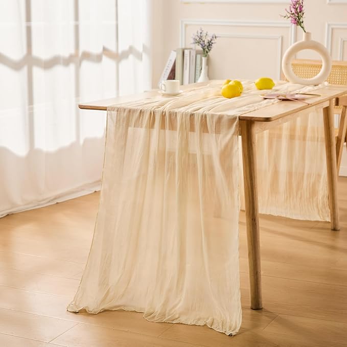 10 Pack Beige Spring Table Runner Boho Cheesecloth Table Runners Bulk 10 ft Crinkled Gauze Sheer Mother's Day Table Centerpieces for Wedding Ceremony Anniversary Bridal Baby Shower Banquet