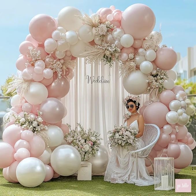 Pearl White Balloon Arch Kit,Double Stuffed White Pearl Balloon Garland Different Sizes 5/12/18 Inch with Black and White Bow for Baby Shower Baptism Wedding Birthday Engagement Party Decoration