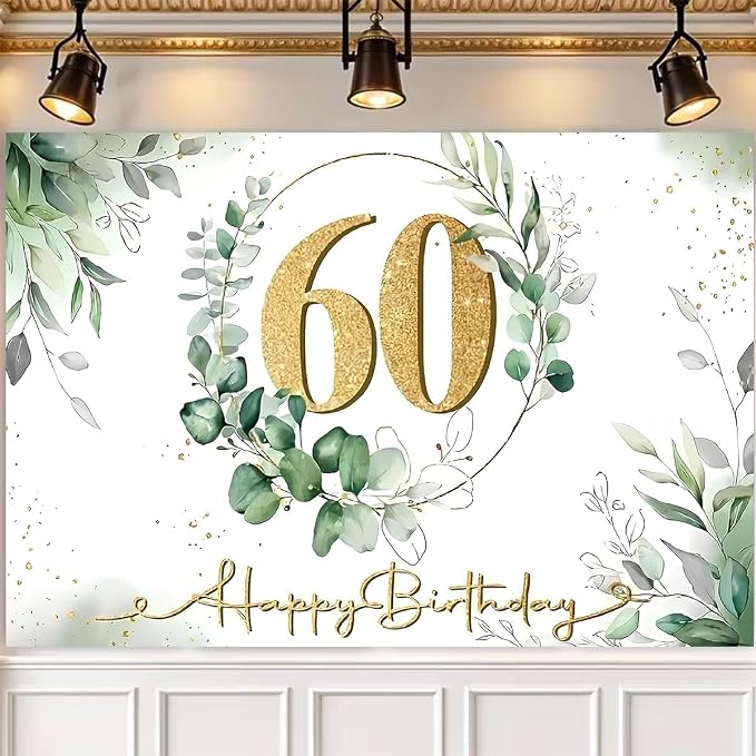 Happy 60th Birthday Backdrop Gold 60th Sign Design Eucalyptus Olive Green Birthday Decorations Gold Dots Greenery Succulent Background for Women Men Birthday Supplies(C, 7X5FT)