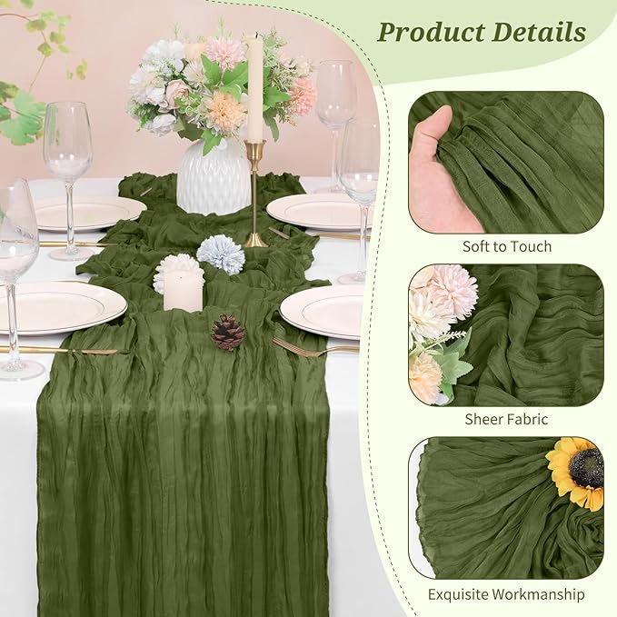 10 Pack Cheesecloth Table Runner Olive Green, Rustic Boho Gauze Fabric Table Runner Romantic Table Runner for Wedding, Festival, Birthday, Anniversary, Dinner and Outdoor Events (17.7 x 108 inch)