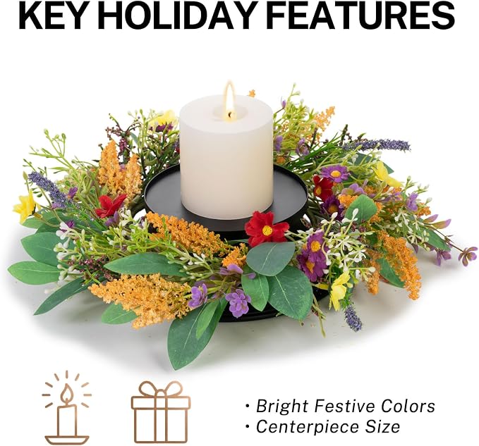 MOYEE Summer Centerpieces for Tables Candle Ring, Black Metal Candlestick with an Artificial Wreaths 14 in Versatile Dining Table Centerpiece Decor (Golden Wheat Ear Wreath)