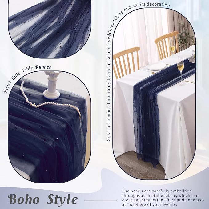 Set of 6 Pearl Table Runner 29 x 120 Inch Tulle Fabric Lace Table Runners for Bridal Shower Birthday Party Wedding Arch Dessert Table Decor(Navy Blue)