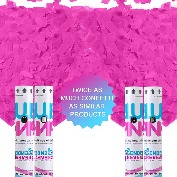 Gender Reveal Cannons - Girl Surprise! Set of 4 Biodegradable Confetti, 12 Inches Pink Confetti Cannon, Easy to Use Indoor & Outdoor Gender Reveal Cannon with Matching Stickers
