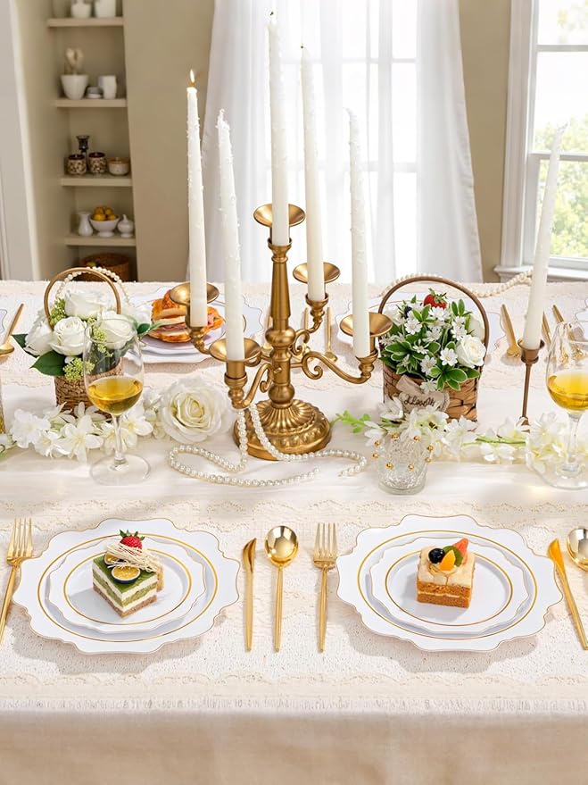 WDF 100PCS White and Gold Plastic Plates - Gold Disposable Plates - Include 50 Dinner & 50 Dessert Plate for Party - Heavy Duty Fancy Plastic Plate for Wedding/Bridal shower/Mother's Day