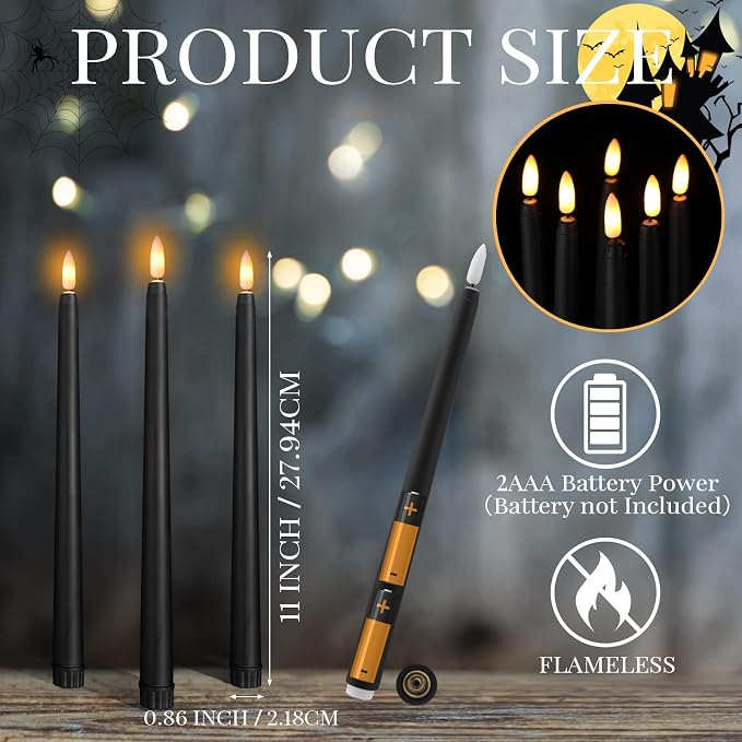 Macarrie 24 Packs Flameless Taper Candles Battery Operated Fake 11 Inch Long Candlelight LED Flameless Candlesticks Flickering Tapered for Summer Fall Wedding(Black)