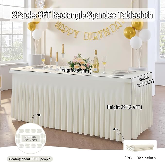 leegleri 2 Pack Ivory Spandex Fitted Table Clothes for 8 Foot Rectangle Tables, Wrinkle Free 8ft Spandex Table Cover with Skirt for Banquet Weddings Parties
