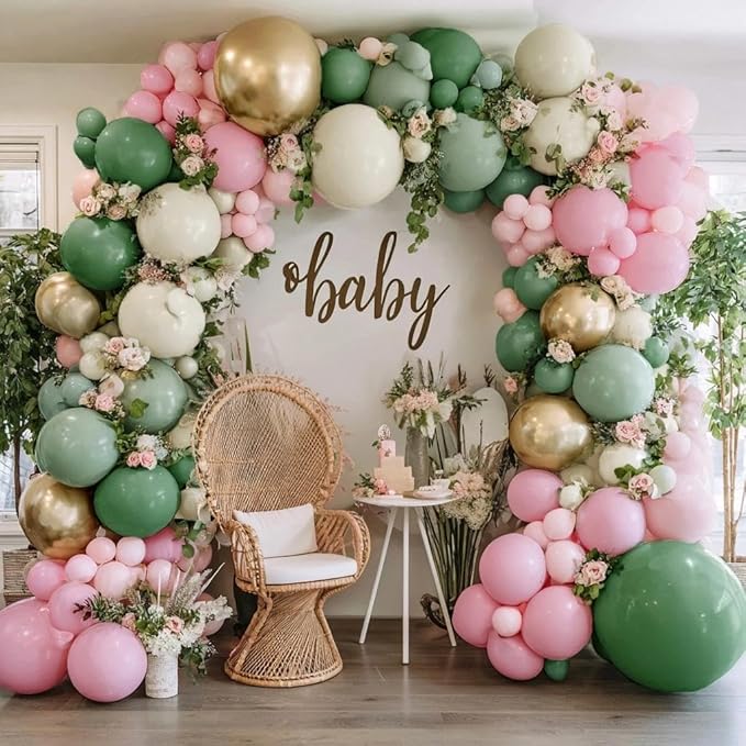 Sage Green Pink Balloon Arch Kit Double Stuffed Dusty Green Pastel Pink White Sand Gold Balloon Garland Light Olive Cream Balloons for Baby Shower Birthday Wedding Spring Wildflower Fairy Party Decor