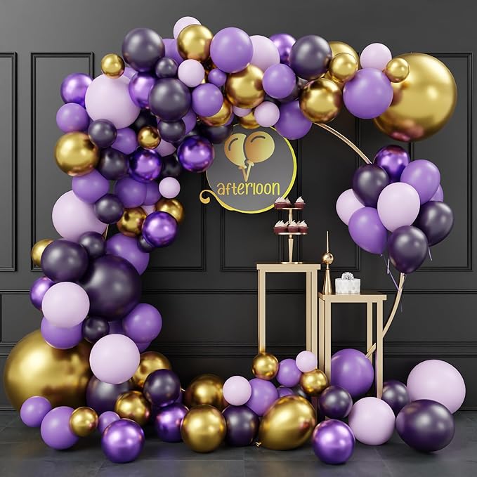 AFTERLOON® Biodegradable Balloons 140pcs Purple/Gold Metallic Confetti Different Sizes 18" 12" 10" 5" Balloon Garland Arch Kit for kids Birthday Party Decorations, Baby Shower, Wedding, Gender Reveal