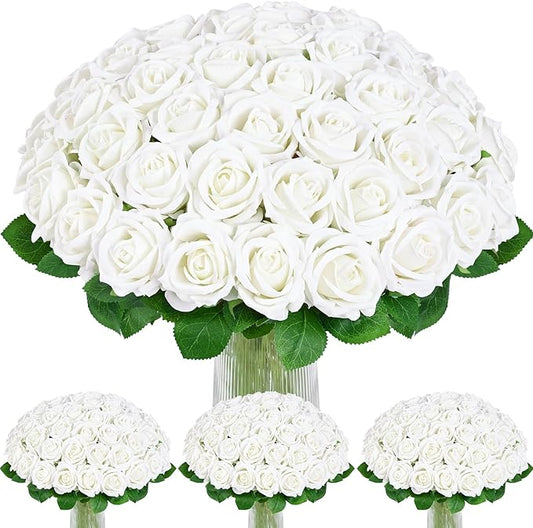 100 Pcs White Roses Artificial Flowers, Real Touch Velvet Roses Bouquet Fake Flowers Bulk, Artificial Roses with Long Stems for Birthday Gift Women Mom DIY Bridal Wedding Centerpiece Decorations