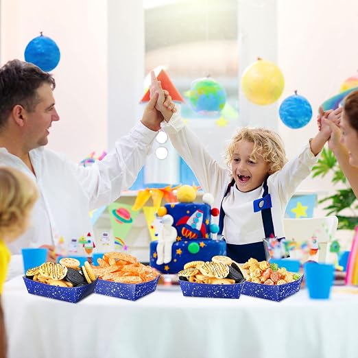 Hoolerry 48 Pcs Space Theme Party Paper Food Trays Galaxy Starry Night Paper Food Boats Snack Candy Popcorn Nacho Hot Dog Trays Serving Bowl for Buffet Birthday Party Decorations