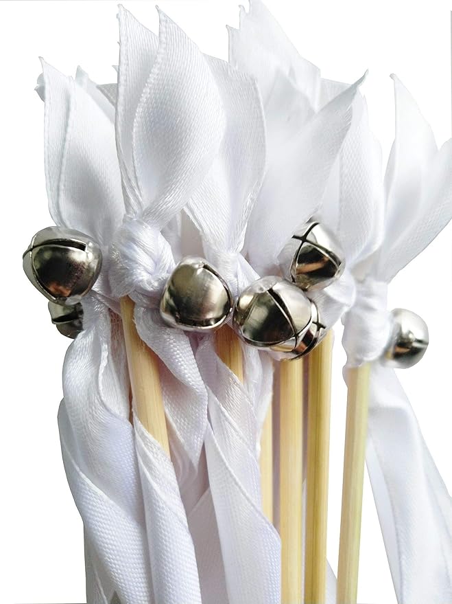 Kingsnow 50PCS Ribbon Wands with Triple Ribbon and Silver Bell Party Wand Party Favors Streamers Ribbon Sticks Magic Fairy Wands for Wedding Decors