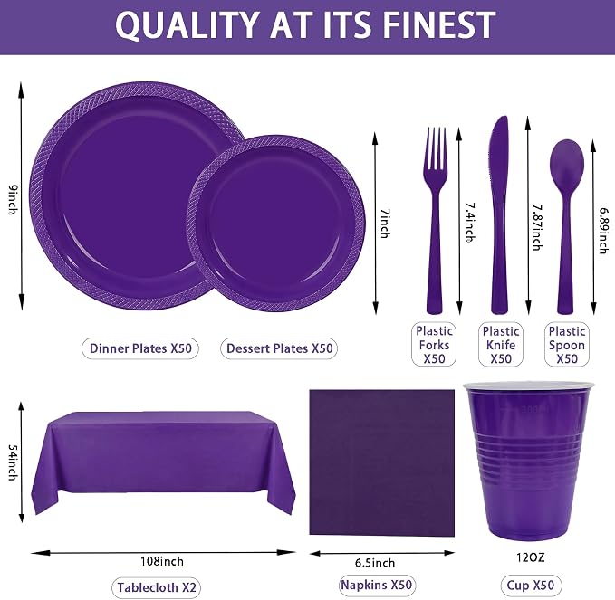352 Pcs Purple Plastic Plates Party Set, 50 Guests Disposable Dinnerware Set with Deep Purple Tablecloths, Royal Deep Purple Plastic Plates Party Set for Wedding/Luxury Banquet/Anniversary/Gala