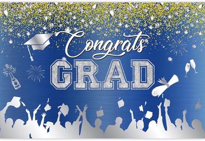 Leowefowa Congrats Grad Backdrop 5x3ft Blue Silver Gold Glitter Graduation Backdrops for Photography Congratulations Graduates Backdrop Banner Grad Prom Party Decor Grad Photo Booth Props