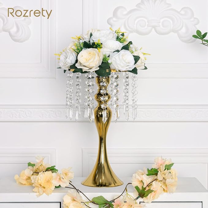 4 Pcs 13.5" Gold Metal Flower Vases for Wedding Table Centerpieces | Gold Finish with Crystal Drops, Durable Metal, for Party Anniversary Home Decor, Easy Assembly, Flowers Not Included