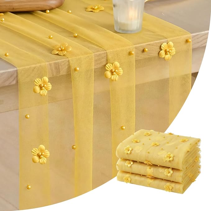 Artoid Mode Yellow Flower Pearl Yellow Gauze Table Runner 10FT 3PC, Seasonal Sheer Dining Holiday Wedding Birthday Baby Shower Table Decor for Home Party