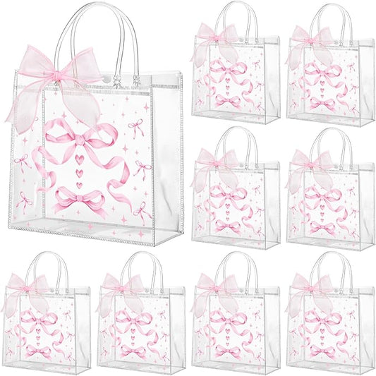 Wesnoy 24 Pcs Pink Bow Clear PVC Gift Bags with Handle Coquette Pink Bowknot Party Favor Candy Treat Tote Bags for Valentine's Day Christmas Birthday Party
