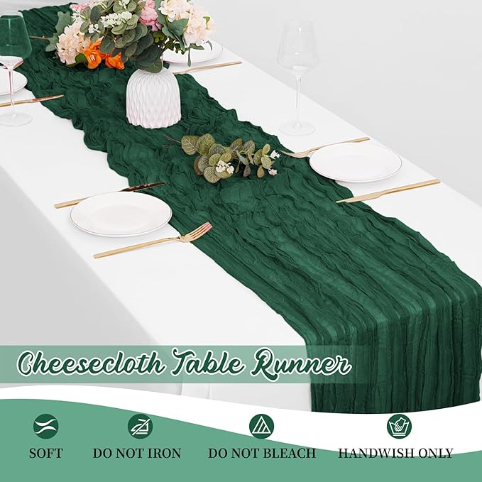 16 Pack Emerald Green Cheesecloth Table Runners 20x120 Inch Gauze Table Runner Cheese Cloth 10FT Green Table Runner Rustic Sheer Runner for Wedding Baby Shower Birthday Party Table Decor
