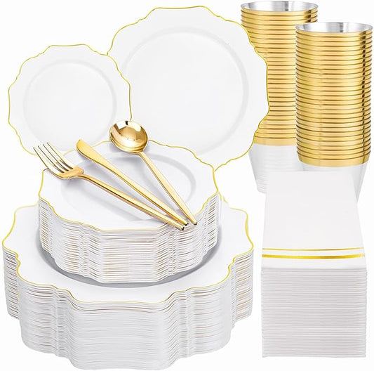 WDF 350PCS White and Gold Plastic Plates - Gold Plates Disposable 50Guest Plastic Dinnerware Ideal for Party/Wedding/Birthday/Mother's Day