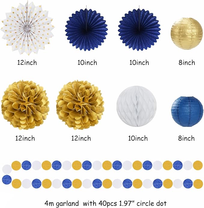 Navy-Blue White-Gold Birthday Party Decorations - 19pcs Men Boys Streamers Banner,Paper Star Garland Lanterns Honeycomb Fan,Tissue Pom Poms,Wall Ceiling Backdrop Supplies Ouruola