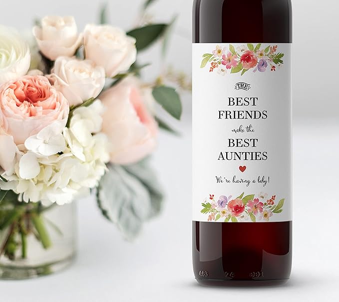 Floral Pregnancy Announcement Wine Bottle Labels ● SET of 6 ● The Best FRIENDS make the Best AUNTIES Wine Labels, Baby Due Wine Stickers, Alternative to Baby Announcement Cards, WEATHERPROOF, 905-6F1