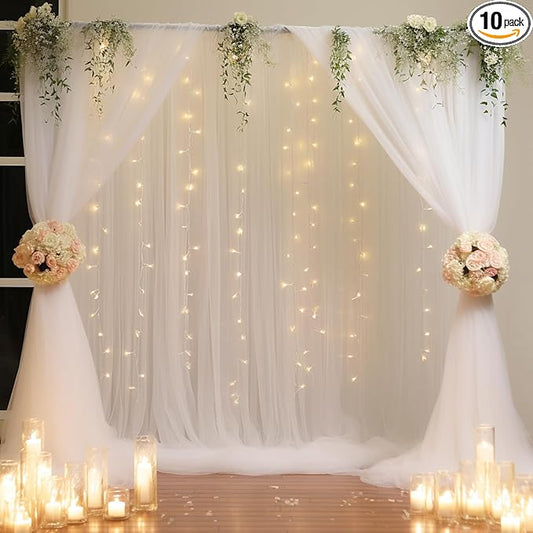 20x10ft White Tulle Backdrop Curtain with Lights String for Parites, Sheer Photo Backdrop Curtains with Lights for Wedding Backdrop Ceremony Reception Bridal Shower Baby Shower Birthday Party