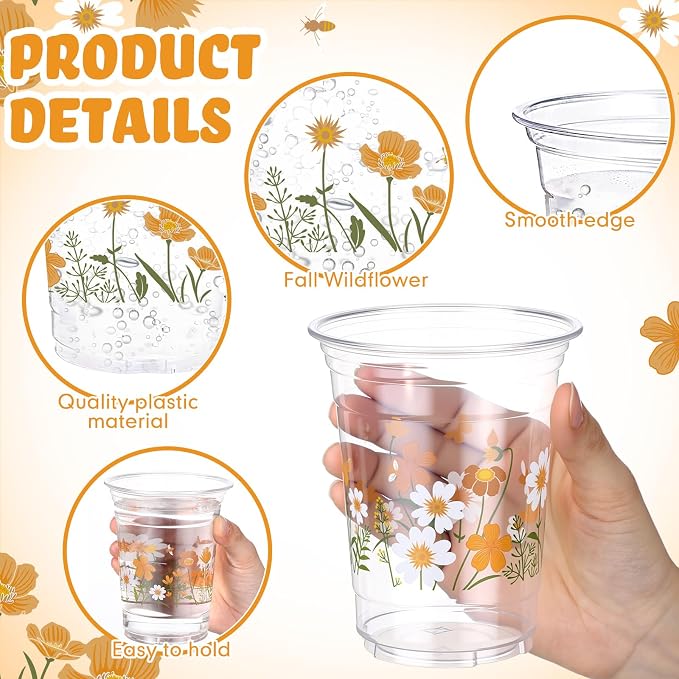 Hushee Yellow Boho Floral 60 Pcs Party Cups 16 oz Plastic Disposable Drinking Cups for Birthday Love Baby in Bloom Baby Shower Summer Fresh off The Market Bridal Shower Decorations Supplies